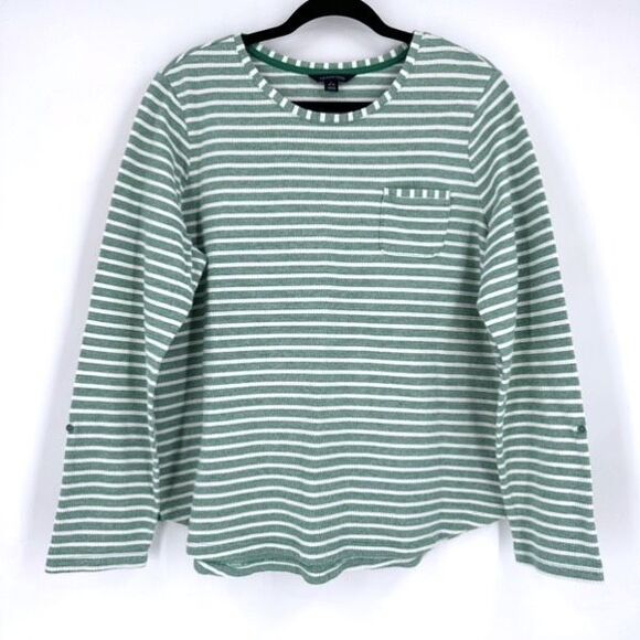 Lands' End Women’s Kelly Green Striped LS Top‎ W/ Chest Pocket Textured Size L - Picture 2 of 8